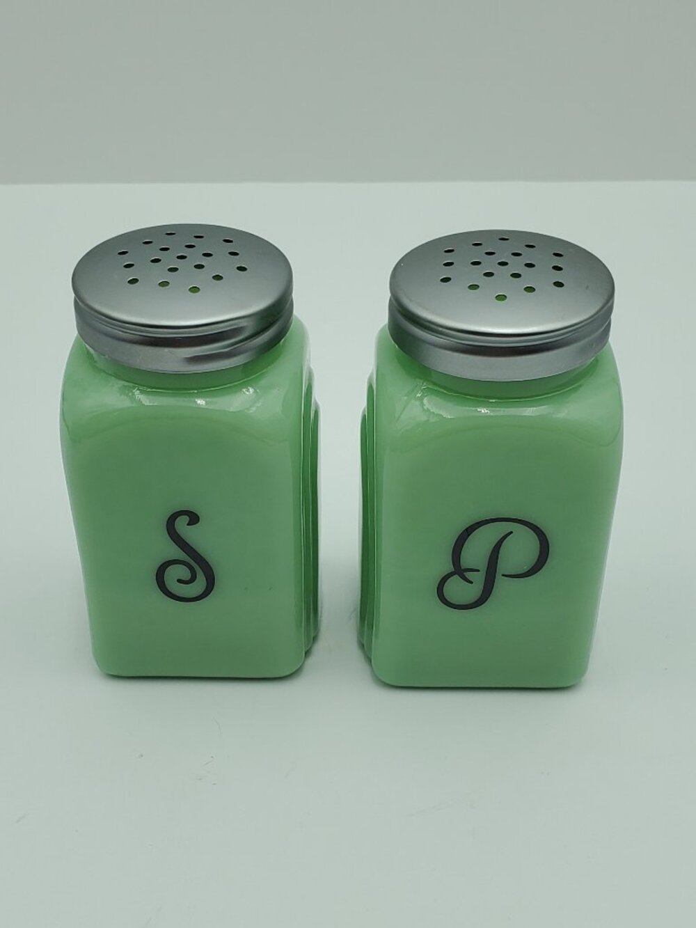 Jadeite Salt & Pepper Shakers Green Milk Glass Shaker Set with S & P Initials - Picture 2 of 8